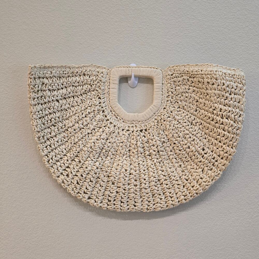 Ramla Woven Crochet Raffia Half Moon Bag - light tan